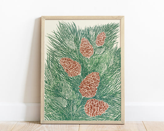 Green and brown cones neutral pine tree Linocut print for autumn or winter farmhouse bedroom, living room, kitchen UNFRAMED / lino print, printmaking art, handmade art, linogravure, original artwork, relief print