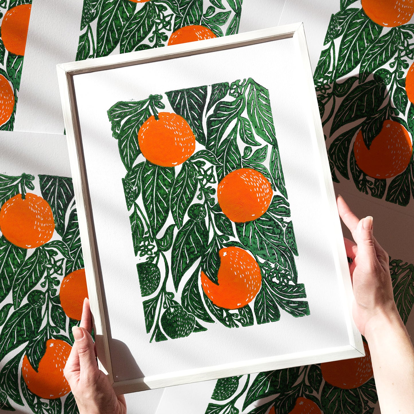 Sage green beige retro cottagecore oranges citrus fruit large linocut print vintage kitchen dining room botanical lino original artwork Farmhouse wall art english cottage rustic linogravure relief handprint quiet luxury reading nook decor hostess present botanical printmaking housewarming grandmother wife daughter big sister girlfriend handmade home mothers mom mother female daughter godmother aunt unique of you long distance heirloom new home aesthetic farm hallway staircase antique etching