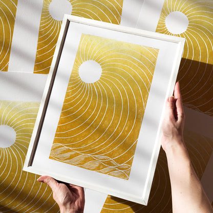 Gold classical Lino Sun sea Living room wall art Original artwork Linocut print japanese Mid century modern Rising sun Bedroom decor Gift hostess fall home autumn landscape mindful christmas minimalist printmaking bohemian linogravure abstract lines contemporary living block relief handprint decoration geometric unique dopamine eclectic scandinavian trendy aesthetic above bed man cave apartment housewarming dining room dorm entryway laundry office hostess mom mother fall thanksgiving mother