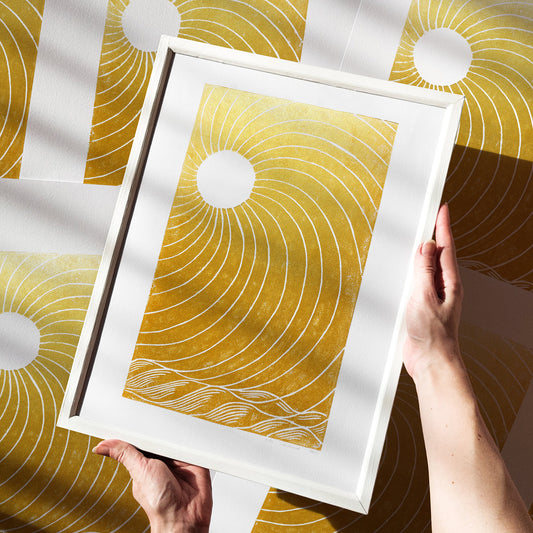 Gold classical Lino Sun sea Living room wall art Original artwork Linocut print japanese Mid century modern Rising sun Bedroom decor Gift hostess fall home autumn landscape mindful christmas minimalist printmaking bohemian linogravure abstract lines contemporary living block relief handprint decoration geometric unique dopamine eclectic scandinavian trendy aesthetic above bed man cave apartment housewarming dining room dorm entryway laundry office hostess mom mother fall thanksgiving mother