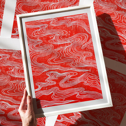 Red Abstract Japanese Cloud Linocut Print Original Artwork Printmaking Modern Living Contemporary Bedroom Home Gift Minimal Holiday Decor One of a kind Relief print, realtor closing gift, Printmaking art, original illustration, original artwork, one of a kind, office wall decor, nurse gift, niece gift from aunt, new mom gift, new job gift, New home gift, new grandma gift, new apartment housewarming gift, new apartment gift, nature wall ar, nature print, eclectic, minimalist Nature original art, nature lover