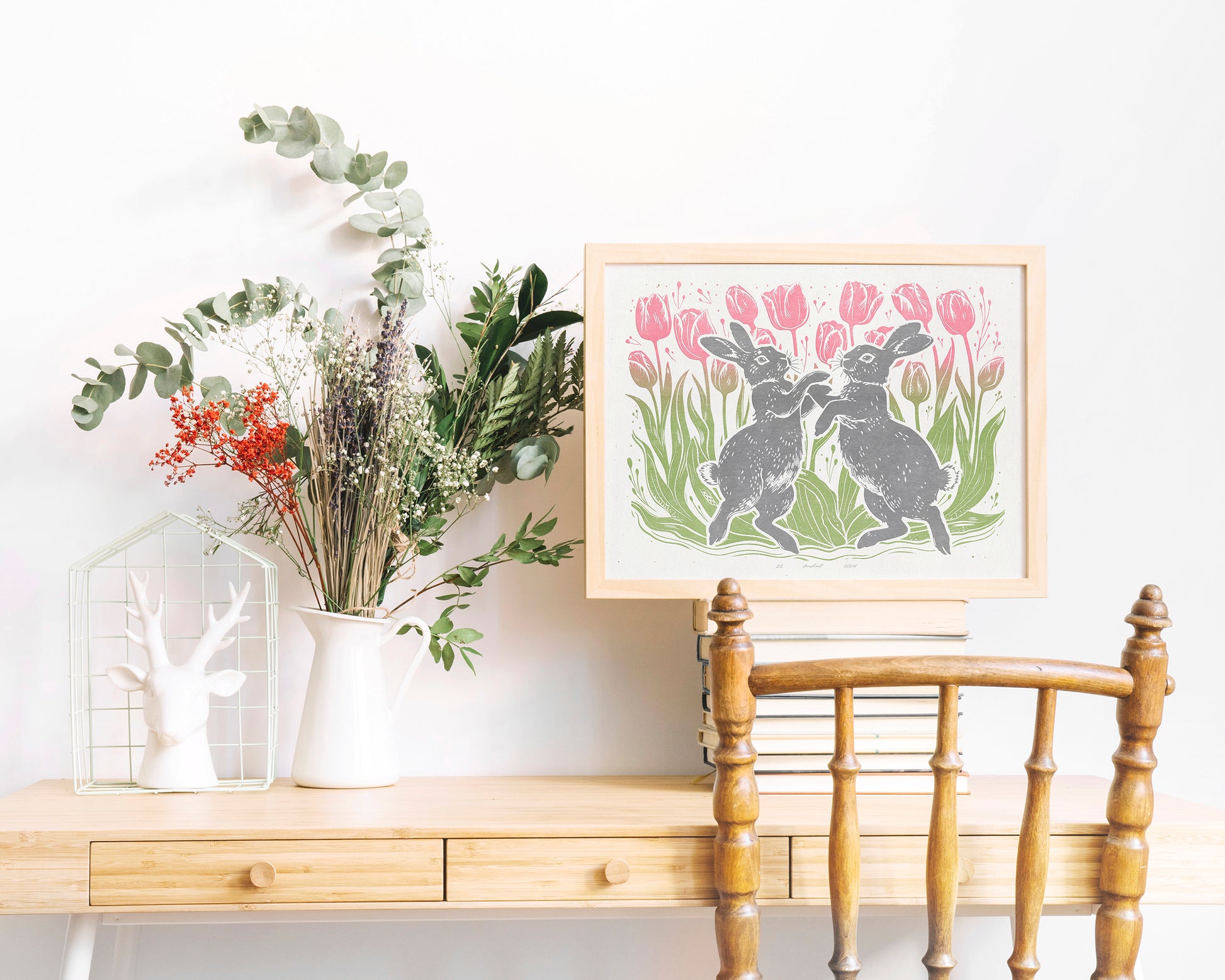 Printable linocut prints Dancing rabbits with tulips flower and plant wall art Relief texture Cottagecore decor Digital downloadable poster Kids children room Pink gray sage green color illustration Instant download Farm modern bedroom decor