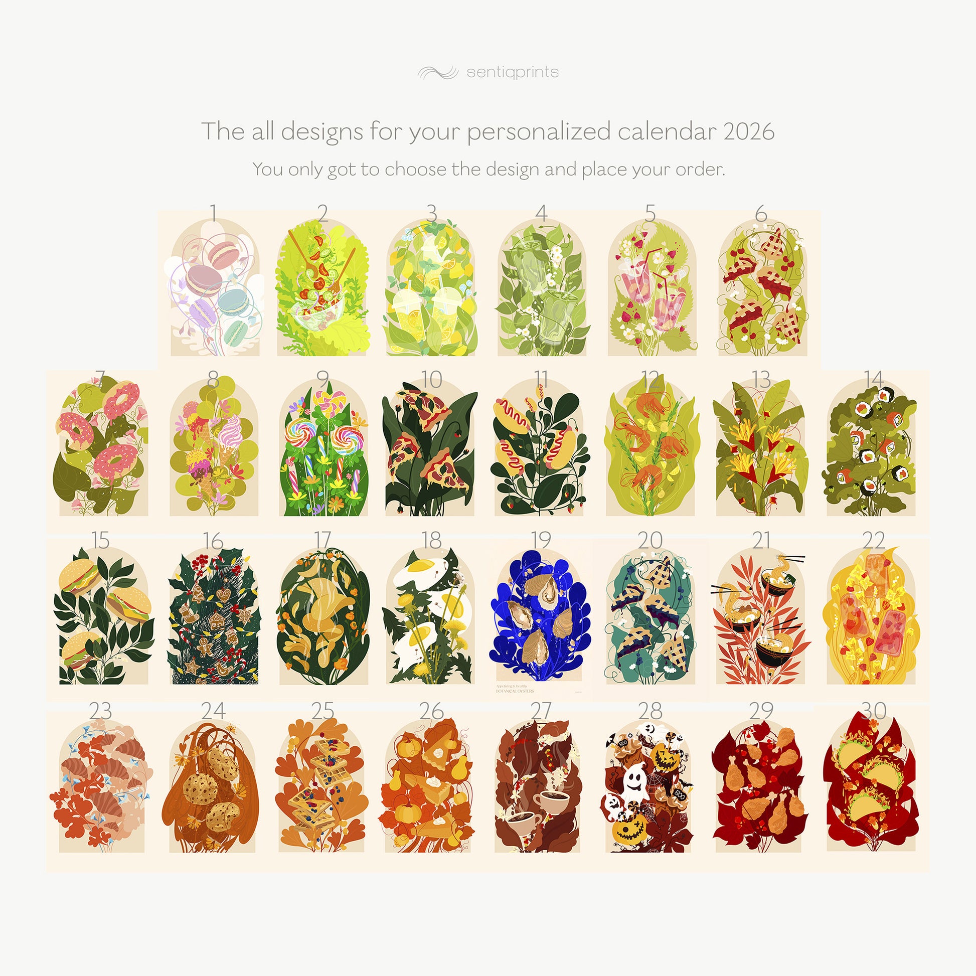 Personalized 2026 calendar 11x17in Botanical food and drink Printable Illustrated calendar foodie