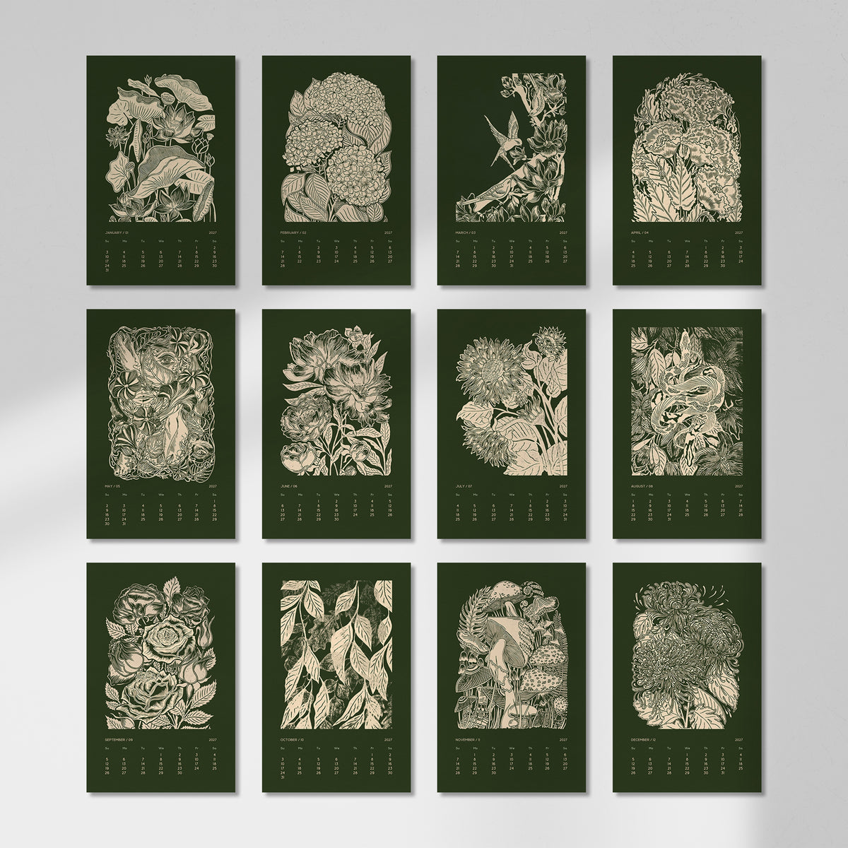 Dark green printable botanical flowers monthly 11x17in linocut prints illustrated calendar living room wall art home office decor new year hostess gift grandmother gift INSTANT DOWNLOAD 2027 wall calendar floral lino nature lover bedroom self vintage christmas xmas digital product modern kitchen plant Cottagecore large hostess vertical coworker housewarming new homeowner friend downloadable rustic hanging farmhouse mother grandmother sister wife women farm girlfriend foraged godmother for her