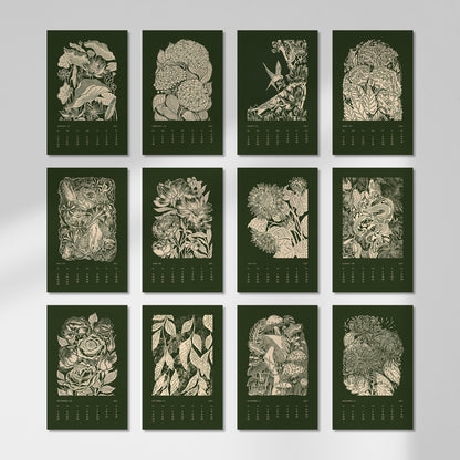 Dark green printable botanical flowers monthly 11x17in linocut prints illustrated calendar living room wall art home office decor new year hostess gift grandmother gift INSTANT DOWNLOAD 2027 wall calendar floral lino nature lover bedroom self vintage christmas xmas digital product modern kitchen plant Cottagecore large hostess vertical coworker housewarming new homeowner friend downloadable rustic hanging farmhouse mother grandmother sister wife women farm girlfriend foraged godmother for her
