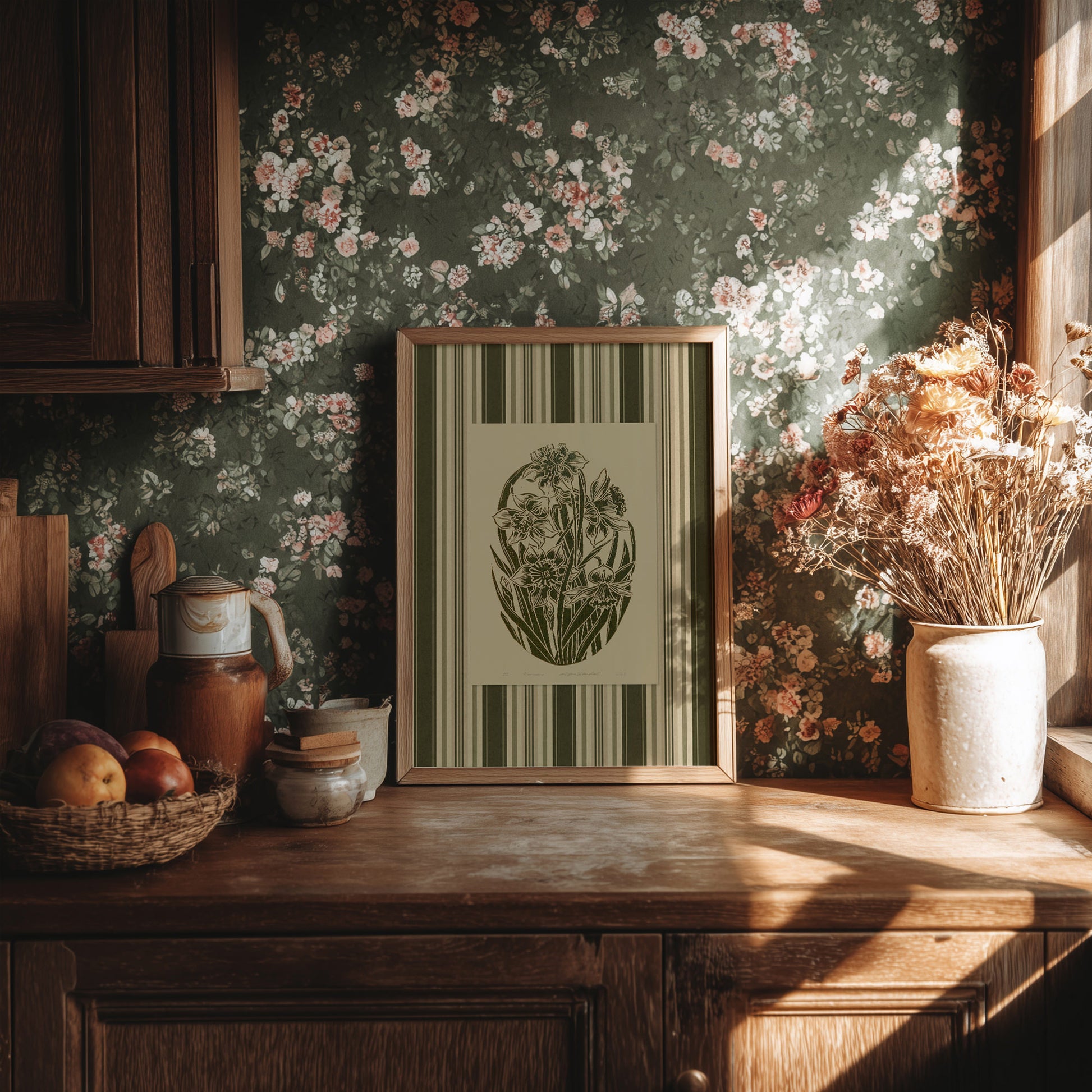 sage green color large linocut prints floral lino printable wall art grand millennial digital poster rustic living room retro cottagecore vintage botanical striped daffodil flowers bedroom decor narcissus hallway mom gift antique illustration plant lover dining room chateaucore hostess thank you thanksgiving table earth tones downloadable nature instant download home office housewarming kitchen laundry above bed farmhouse mother grandmother sister self wife women girlfriend Garden reading nook