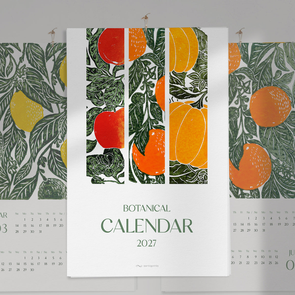 Bright rustic linogravure botanical wall printable 2027 wall calendar orange lemon pear apple banana fruits pumpkin vegetable 11x18in linocut prints INSTANT DOWNLOAD modern kitchen art brekfast nook decor pantry illustrated digital download dining room new year 2027 gift vertical monthly floral food foodie Christmas xmas gift coworker housewarming new homeowner office friend home nature lover downloadable farmhouse mother grandmother sister self wife women farm cottagecore hostess girlfriend