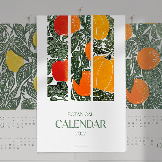 Bright rustic linogravure botanical wall printable 2027 wall calendar orange lemon pear apple banana fruits pumpkin vegetable 11x18in linocut prints INSTANT DOWNLOAD modern kitchen art brekfast nook decor pantry illustrated digital download dining room new year 2027 gift vertical monthly floral food foodie Christmas xmas gift coworker housewarming new homeowner office friend home nature lover downloadable farmhouse mother grandmother sister self wife women farm cottagecore hostess girlfriend