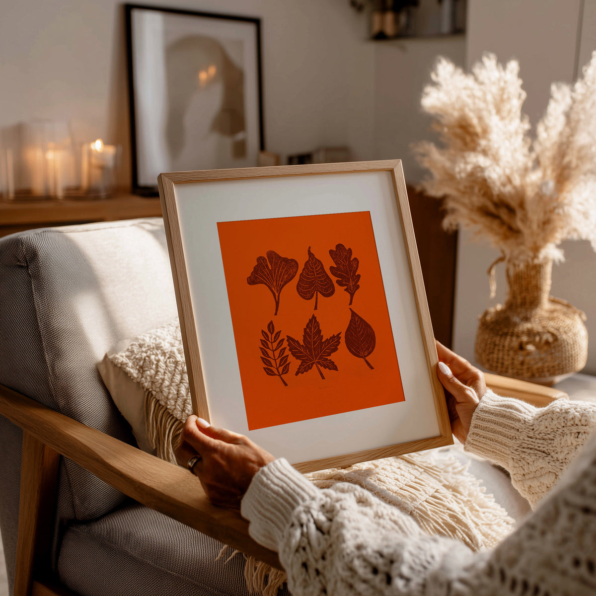 Autumn Orange brown minimalist rustic foraged nature leaves plant printable wall art large linocut prints warm earth tones living room treat yourself digital poster forestcore decor botanical lino linogravure instant download nature lover gift thank you mom handmade bedroom fall aesthetic instant download home office housewarming new home modern downloadable hanging moody kitchen dining dorm laundry above bed mother grandmother sister self wife hostess heirloom girlfriend thank you farmhouse