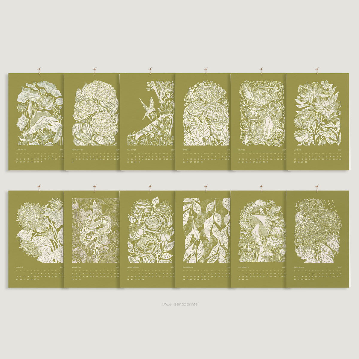 trendy 2027 palette  meadowland green printable botanical flowers monthly calendar 11x17in linocut prints illustrated calendar living room wall art home office decor new year gift INSTANT DOWNLOAD 2027 wall calendar home office hostess gift grandmother floral lino nature lover bedroom self christmas xmas digital product modern kitchen Cottagecore vertical coworker housewarming new homeowner friend downloadable rustic hanging farmhouse mother sister wife women farm girlfriend godmother for her