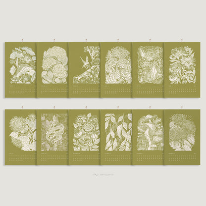 trendy 2027 palette  meadowland green printable botanical flowers monthly calendar 11x17in linocut prints illustrated calendar living room wall art home office decor new year gift INSTANT DOWNLOAD 2027 wall calendar home office hostess gift grandmother floral lino nature lover bedroom self christmas xmas digital product modern kitchen Cottagecore vertical coworker housewarming new homeowner friend downloadable rustic hanging farmhouse mother sister wife women farm girlfriend godmother for her