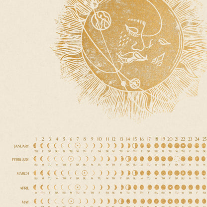2027 moon phases lunar phases chart printable calendar retro beige gold kiss moon sun linocut prints whimsical home office decor digital poster INSTANT DOWNLOAD living room wall art rustic linogravure mystical lino primary bedroom lunar new year girlfriend gift gold glamoratti download boho bohemian christmas illustrated workspace coworker new apartment modern xmas teacher housewarming homeowner friend downloadable wall hanging mother grandmother sister self wife women hostess girlfriend