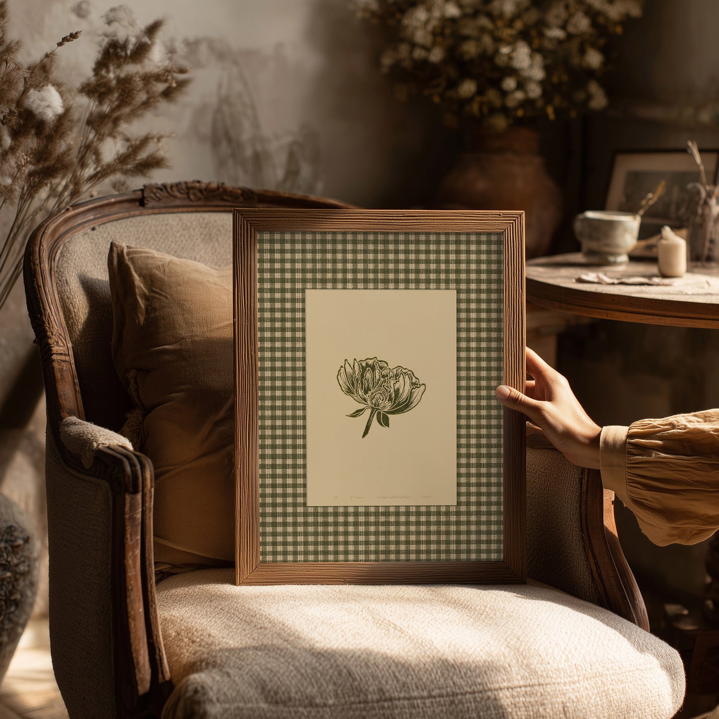 sage green color peony flower large linocut prints floral lino printable wall art digital poster retro cottagecore vintage botanical gingham checkered decor monoprints chateaucore  bedroom grand millennial modern kitchen monochrome mom gift rustic living room antique illustration plant lover dining room hostess thank you table earth tones downloadable nature bedroom instant download home office housewarming farmhouse mother grandmother sister self wife women girlfriend Entryway reading nook