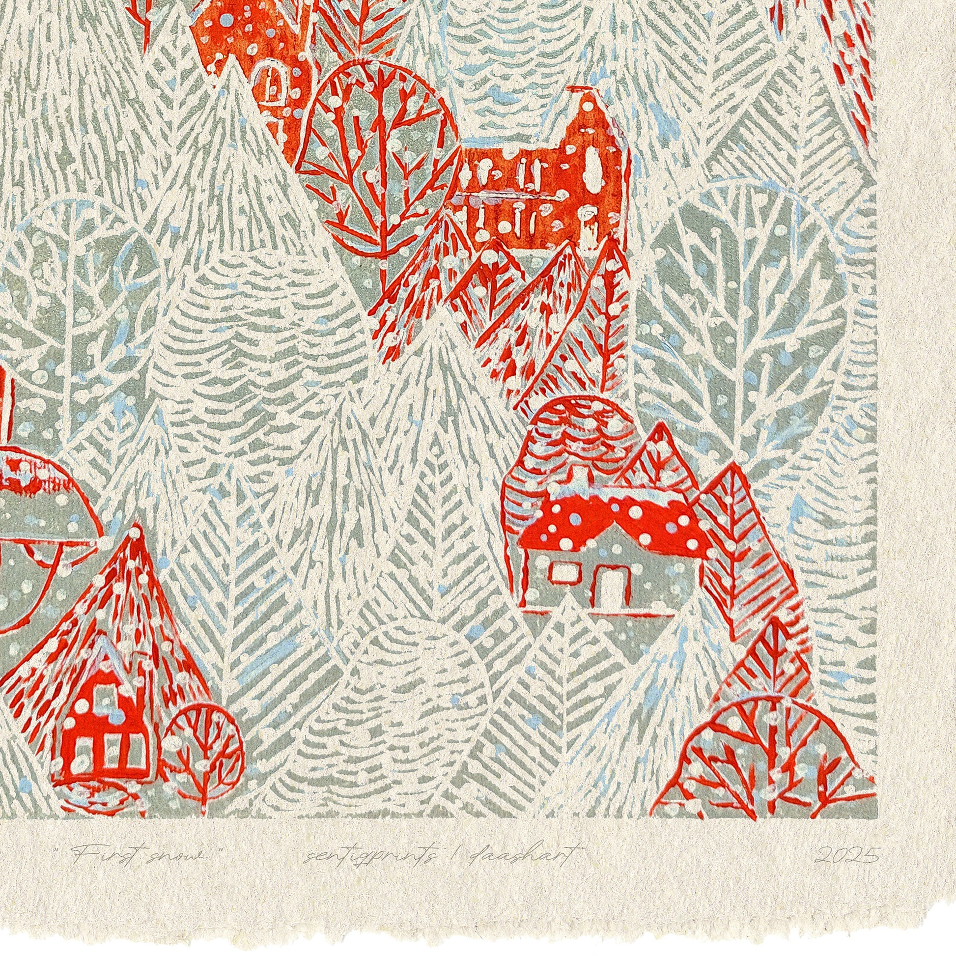 Retro Winter Forest Snow Red House Village Printable Linocut Prints Christmas Festive Toddler Reading Nook Wall Art Decor Digital Poster