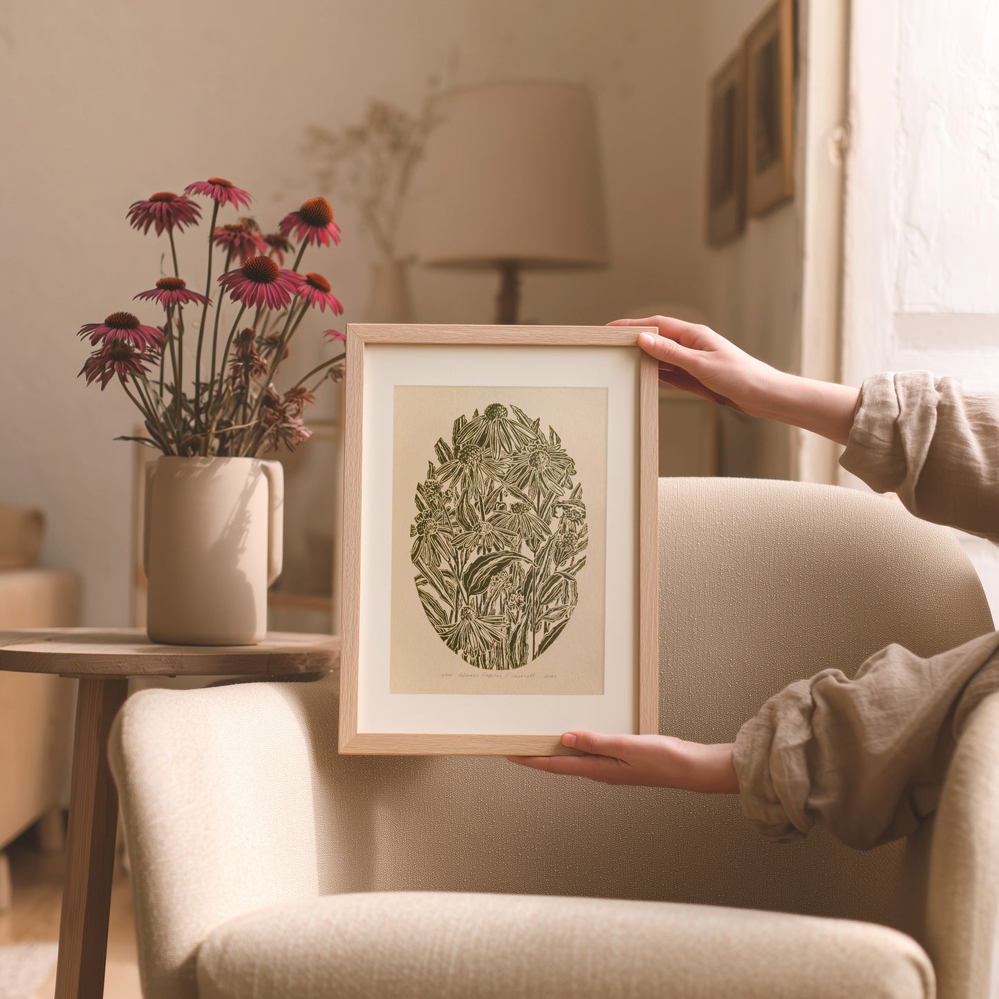 Gallery wall set of 2 Vintage anatomy of a Echinacea Purpurea flowers linocut art print
