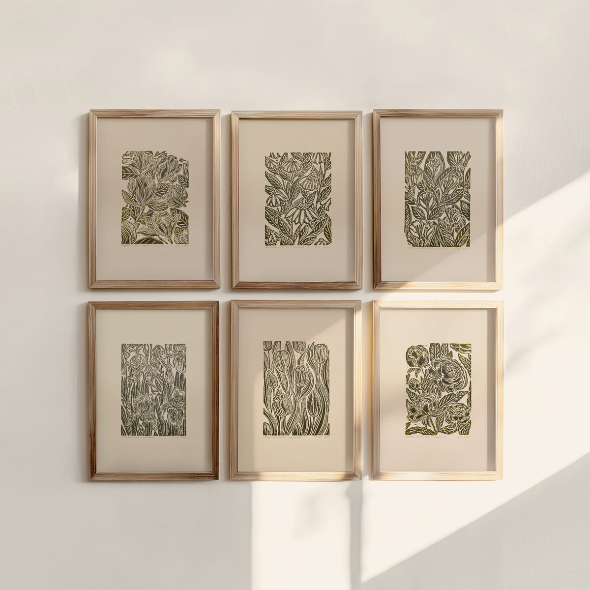 Sage green beige retro cottagecore vintage flowers linocut print gallery wall set of 6 peace original artwork above bed wall art peony iris magnolia jasmine echinacea tulip relief handprint rustic linogravure botanical lino coneflower floral reading nook gift self nature present home office hostess monoprint farmhouse kitchen bedroom sister hallway printmaking sister mom mother godmother wife woman dining Gratitude Entryway Earth Tones housewarming staircase living room bathroom powder quest