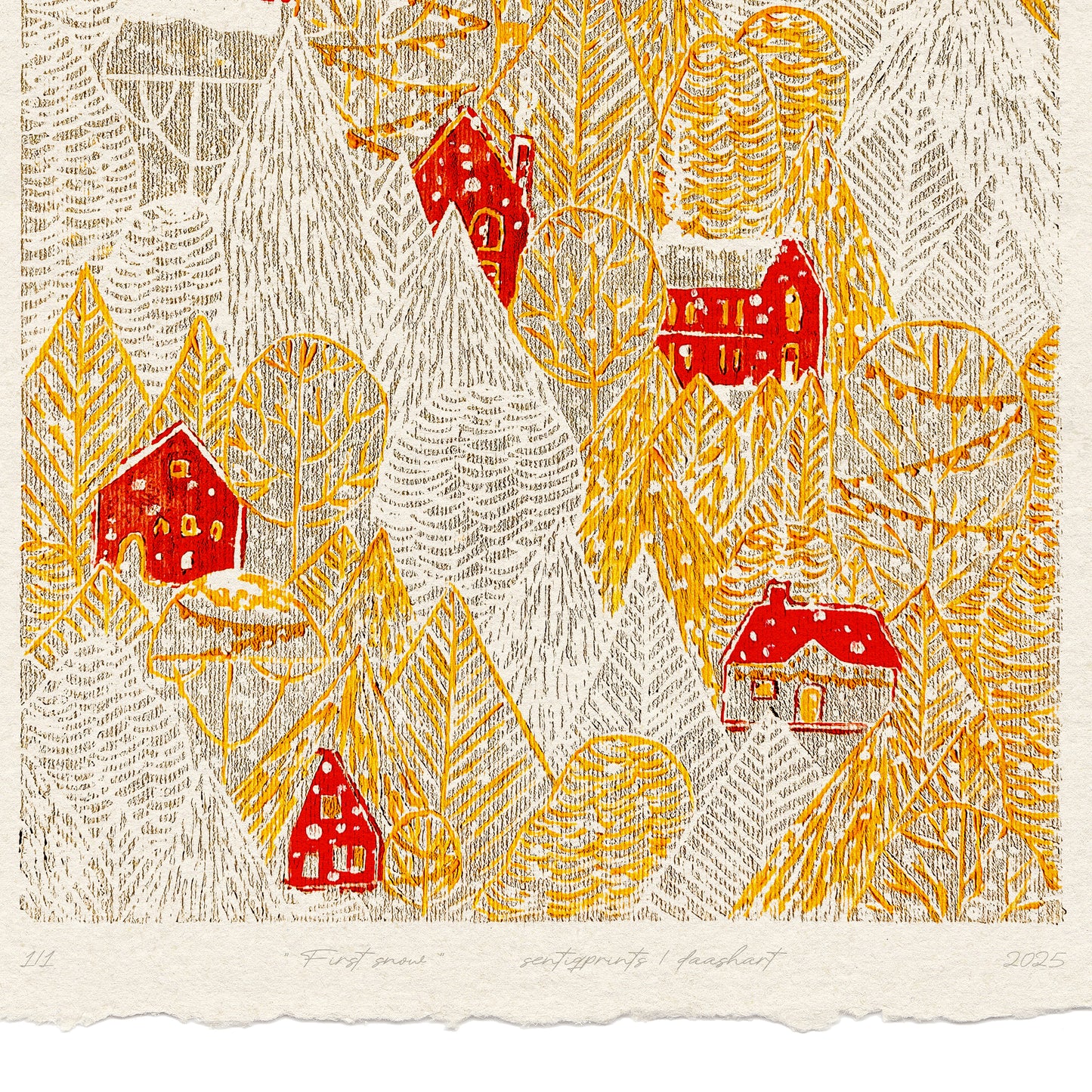 Retro Forest First Snow Red House Village Printable Linocut Prints Warm Tones Christmas Dining Kids Hallway Wall Art Decor Digital Poster recycled paper
