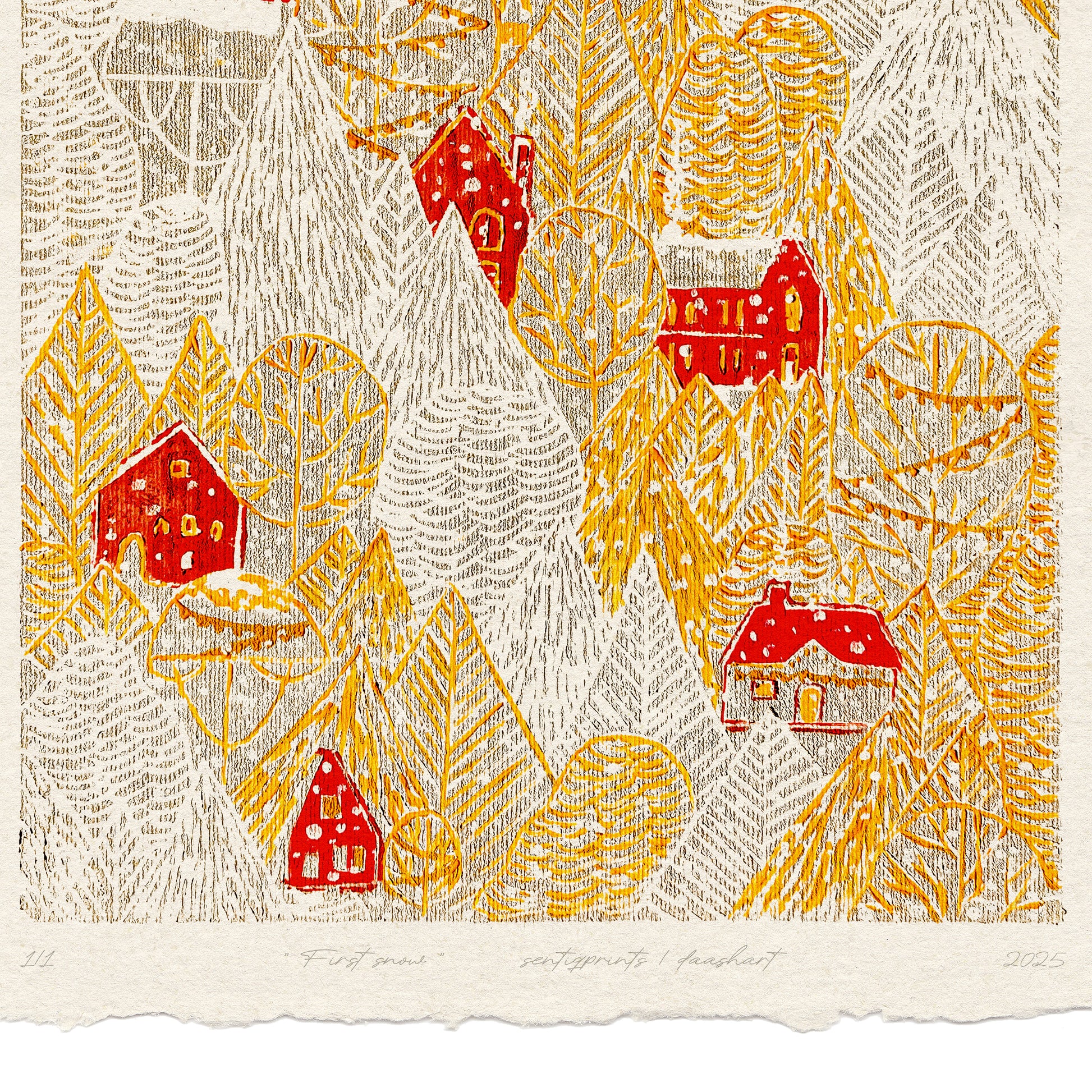 Retro Forest First Snow Red House Village Printable Linocut Prints Warm Tones Christmas Dining Kids Hallway Wall Art Decor Digital Poster recycled paper