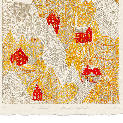 Retro Forest First Snow Red House Village Printable Linocut Prints Warm Tones Christmas Dining Kids Hallway Wall Art Decor Digital Poster recycled paper