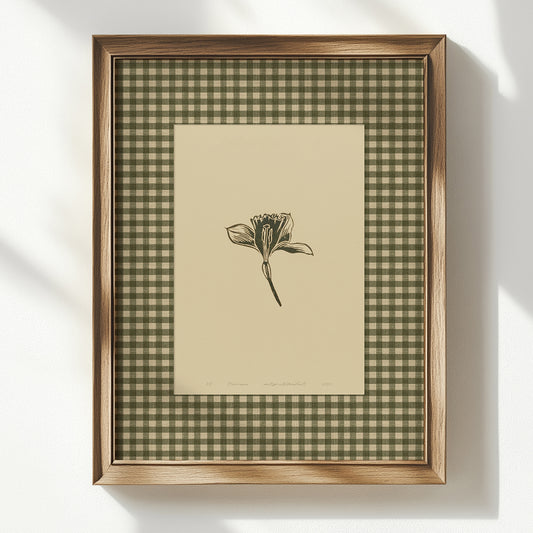 Beige printable wall art sage green color gingham daffodil flower large linocut prints retro cottagecore chateaucore decor checkered study room digital poster rustic linogravure floral lino instant download botanical checkered monoprints grand millennial modern kitchen monochrome mom gift living room antique illustration dining room hostess earth tones downloadable nature bedroom home office housewarming farmhouse mother grandmother sister self wife women girlfriend Entryway reading nook