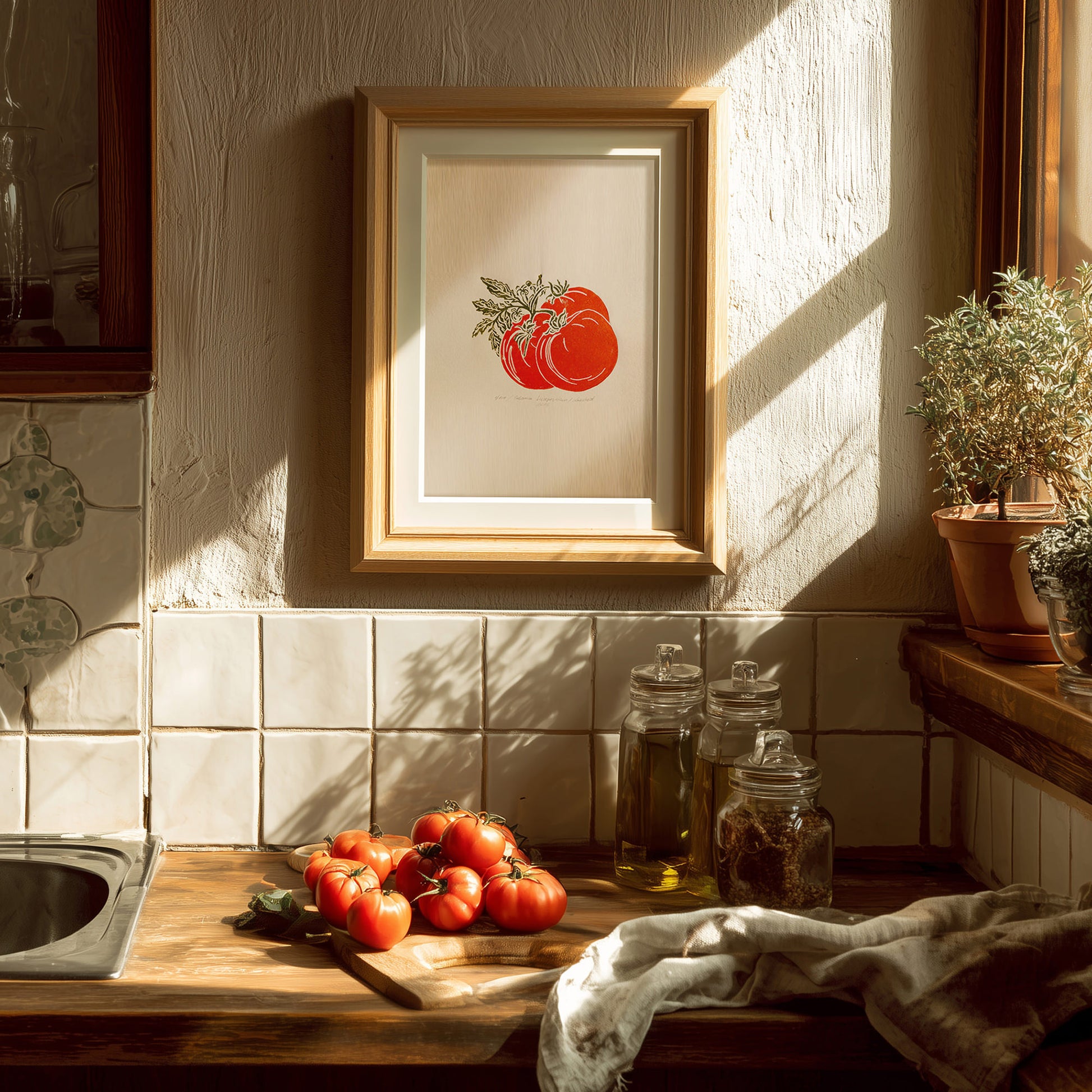 Red sage green beige vintage cottagecore tomato vegetable rustic linocut print retro kitchen dning room decor botanical lino garden harvest pantry original artwork gift for cook mom present nature linogravure farm heirloom christmas home self thoughtful autumn summer plant lover grandmother housewarming bedroom relief wife girlfriend sister godmother Coworker Say Thanks printmaking block hallway entryway handmade unique Xmas mindfulness dopamine new beginnings gift staircase farm