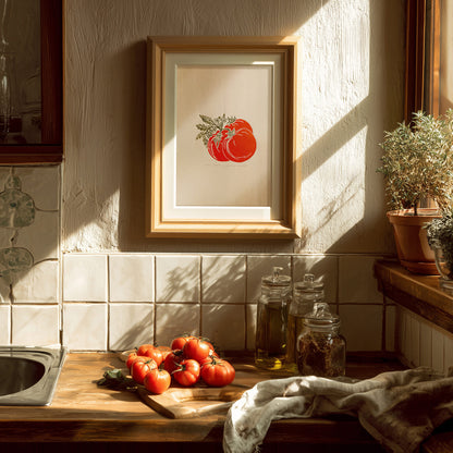 Red sage green beige vintage cottagecore tomato vegetable rustic linocut print retro kitchen dning room decor botanical lino garden harvest pantry original artwork gift for cook mom present nature linogravure farm heirloom christmas home self thoughtful autumn summer plant lover grandmother housewarming bedroom relief wife girlfriend sister godmother Coworker Say Thanks printmaking block hallway entryway handmade unique Xmas mindfulness dopamine new beginnings gift staircase farm