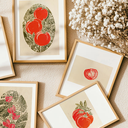 Red sage green vintage cottagecore tomatoes berry farmhouse kitchen nature linocut print mini gallery wall set of 3 piece dining room decor botanical retro lino original artwork berries slice quiet luxury rustic linogravure handmade 
hand printed, hostess gift, home unique, organic modern, heirloom gift, english cottage wall art, handmade gift for women, poetic handmade gift for the home, slow living, grandmother gift, grandma gift, romantic vintage, study room, going away gift for coworker, window 