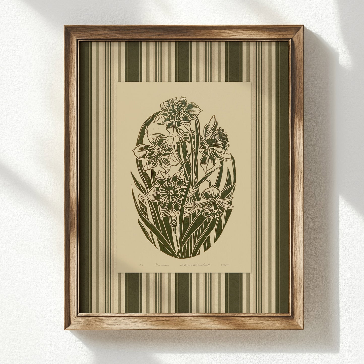 sage green color large linocut prints floral lino printable wall art grand millennial digital poster rustic living room retro cottagecore vintage botanical striped daffodil flowers bedroom decor narcissus hallway mom gift antique illustration plant lover dining room chateaucore hostess thank you thanksgiving table earth tones downloadable nature instant download home office housewarming kitchen laundry above bed farmhouse mother grandmother sister self wife women girlfriend Garden reading nook