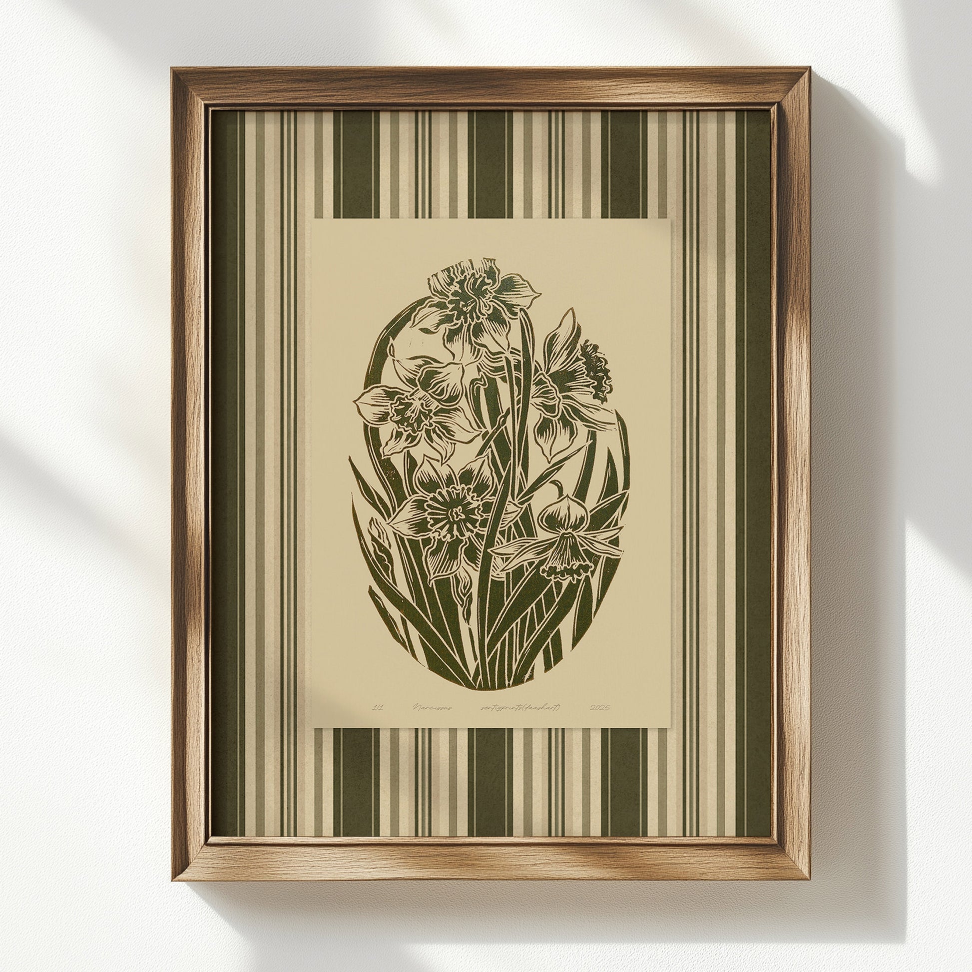 sage green color large linocut prints floral lino printable wall art grand millennial digital poster rustic living room retro cottagecore vintage botanical striped daffodil flowers bedroom decor narcissus hallway mom gift antique illustration plant lover dining room chateaucore hostess thank you thanksgiving table earth tones downloadable nature instant download home office housewarming kitchen laundry above bed farmhouse mother grandmother sister self wife women girlfriend Garden reading nook