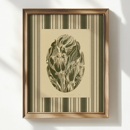 Beige retro cottagecore sage green color tulip flowers large linocut prints floral lino striped printable wall art dining room decor nature lover godmother present self gift digital poster rustic linogravure vintage grand millennial hallway mom living room botanical antique illustration plant chateaucore hostess earth tones downloadable bedroom instant download home office housewarming kitchen laundry farmhouse mother grandmother sister self wife women girlfriend Entryway Garden reading nook