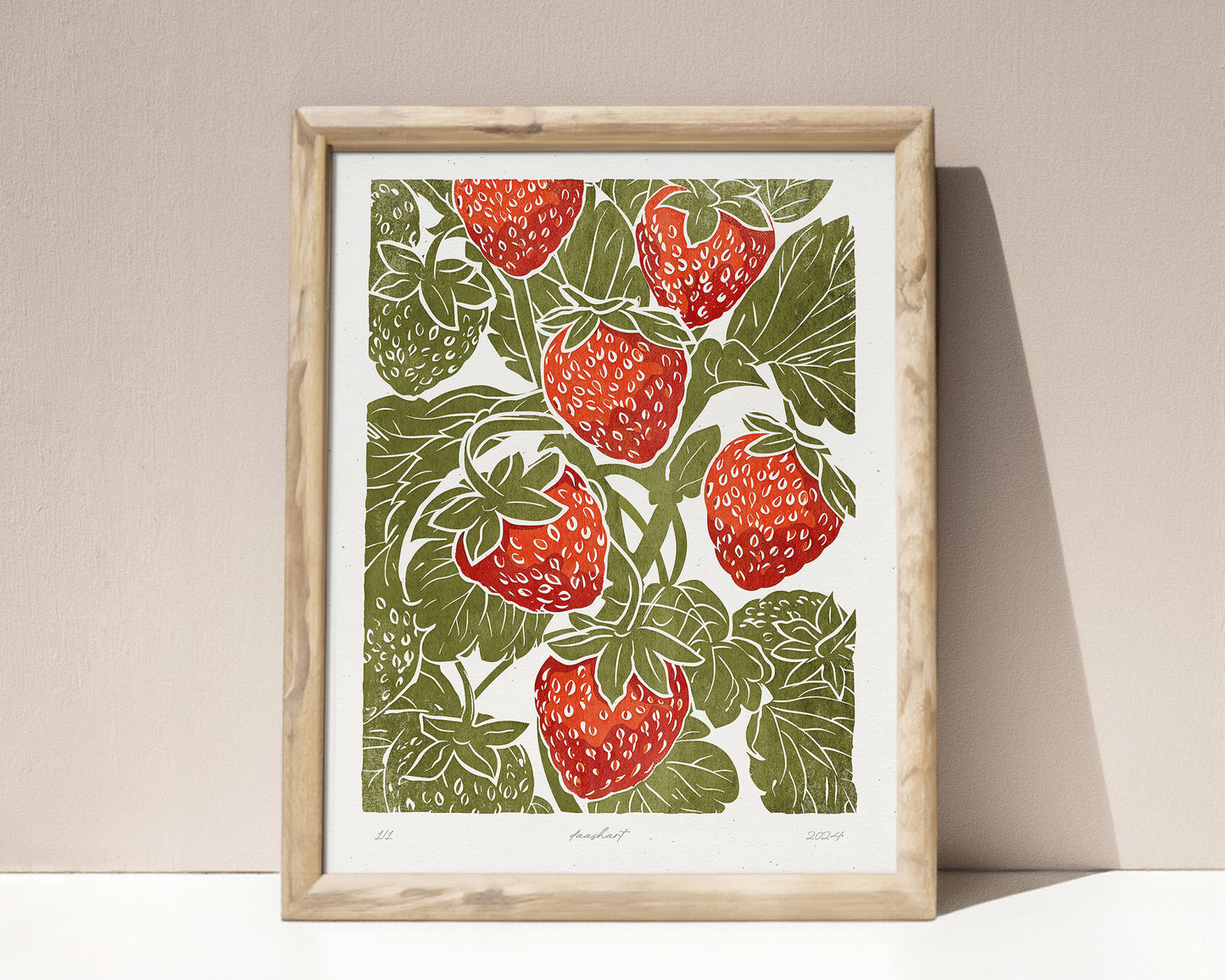 Printable linocut prints Sage green red strawberries wall art Relief texture Cottagecore berry decor Digital downloadable kitchen poster  fruit prints lino linogravure vintage Bedroom living room kitchen dining room  berry farm farmhouse	Foraged cottagecore rustic wall handmade texture instant download