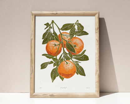 Living room wall art	Nature lover gift	Printable linocut	fruit prints lino	Sage green oranges	foraged texture	Cottagecore decor	Digital downloadable	kitchen Bedroom	linogravure poster	Relief vintage print	modern branch	large retro download