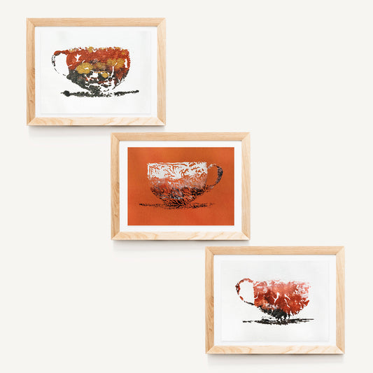 abstract cup of coffee gallery wall set of 3 monotype print modern kitchen dining room decor autumn art hostess self gift fall home office barista one of a kind coffee lover mini hot drink printmaking wife handprint unique midimalism classical dopamine eclectic scandinavian minimalist aesthetic moody girly acrylic farmhouse bookshelf shelf entryway decordried new home mom grandmom grandmother mother father handmade for the housewarming  for her friend Warm Tones Cafe Shop Cozy Breakfast Nook