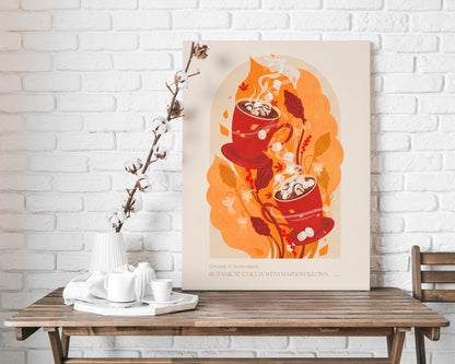 Botanical vintage Cocoa with marshmallow poster Autumn wall art for modern kitchen decor, Floral wall art, hot drink wall decor, fall mood decor, dining room, kids room, bedroom illustration digital