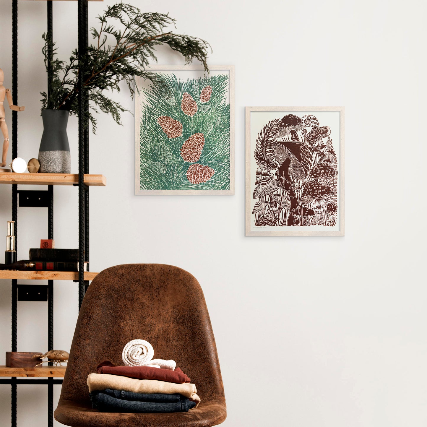 retro cottagecore vintage pine autumn wall art sage green color large linocut print original artwork nature lover gift foraged pinecones bedroom decor christmas present self linogravure rustic lino botanical relief block modern kitchen hallway living room sister grandmother new home hostess one of a kind office farmhouse thank you printmaking handprinted farm mom mother new apartment godmother wife woman handmade dining Her Thankful Gratitude Entryway Dorm Earth Tones coworker