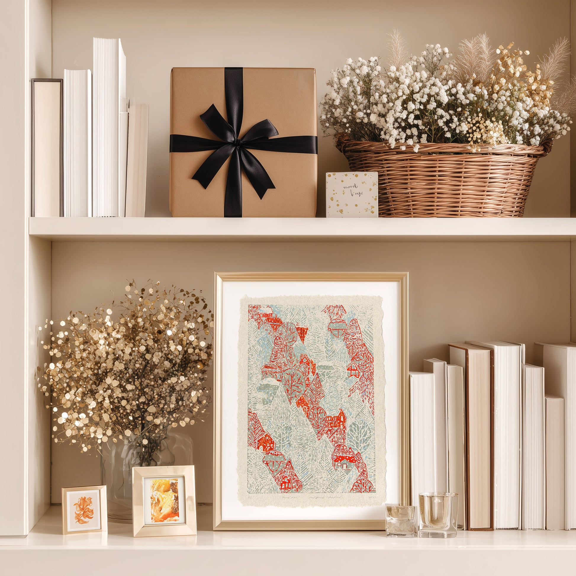 Retro Winter Forest Snow Red House Village Printable Linocut Prints Christmas Festive Toddler Reading Nook Wall Art Decor Digital Poster shelf 
mom birthday gift, Modern kitchen art, family room, long distance gift, living room wall art, study, Living room wall art, wall hanging, master bedroom, laundry room decor, kitchen wall art, woodland illustration, fine art, craft room organization, laundry room, Housewarming gift, new beginnings gift, staircase, earth tone palette, mudroom art, hostess gift