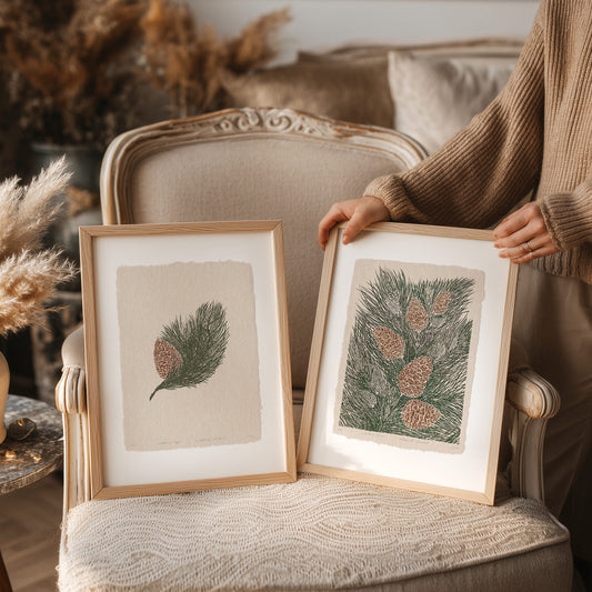 Beige retro cottagecore pinecones nature sage green large linocut gallery wall set 2 peace prints recycler paper foraged forest printable wall art vintage winter digital poster master bedroom decor rustic linogravure relief pine cone autumn Christmas  fireplace lovers present earth tones dining room hallway instant download holiday self lino mom aesthetic home office housewarming new downloadable hanging moody kitchen dorm laundry mom mother grandmother sister wife women farm hostess girlfriend