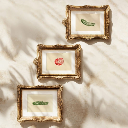 green red vintage vegetables slices cucumber tomato linocut print gallery wall set 3 pieces original artwork retro kitchen art dining room decor thanksgiving hostess granny gift rustic linogravure lino nature minimalist original artwork self gift block cottage core block relief printmaking hand carved unique nature cottagecore dopamine moody house warming gift above bed farmhouse summer aesthetic eat breakfast nook pantry coffee corner decor staircase hallway above dining table vegetables