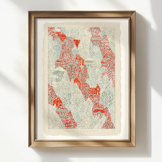 retro winter gray forest snow red house village printable wall art large linocut prints christmas festive toddler reading nook digital poster funny lino fine art linogravure staircase guest room decor downloadable kids master bedroom rustic christmas instant download lovers present farm dining room holiday season foraged self gift affordable nature thank you mom aesthetic home office housewarming moody dorm laundry mom mother grandmother sister wife women hostess girlfriend xmas kitchen entryway