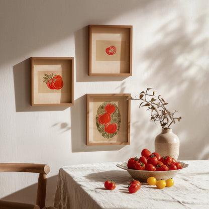 Red sage green vintage cottagecore tomatoes berry farmhouse kitchen nature linocut print mini gallery wall set of 3 piece dining room decor botanical lino original artwork berries slice quiet luxury rustic linogravure laundry wall decor retro garden harvest pantry hostess gift relief handprint country cottage wall hanging A5 A4 block printmaking hand carved unique gift ideas plant moody farm chateaucore summer dorm shelf entryway new housewarming engraving etching old world european countryside