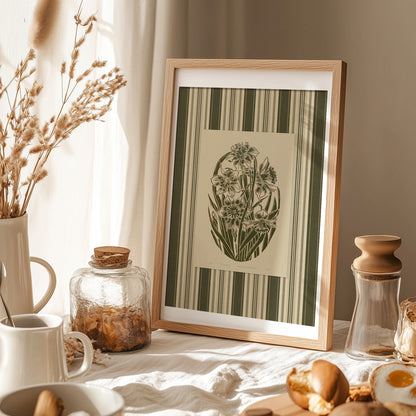 sage green color large linocut prints floral lino printable wall art grand millennial digital poster rustic living room retro cottagecore vintage botanical striped daffodil flowers bedroom decor narcissus hallway mom gift antique illustration plant lover dining room chateaucore hostess thank you thanksgiving table earth tones downloadable nature instant download home office housewarming kitchen laundry above bed farmhouse mother grandmother sister self wife women girlfriend Garden reading nook
