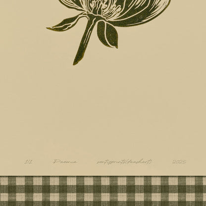 Printable Sage Green Gingham Peony Flower Linocut Prints Retro Cottagecore Chateaucore Checkered Wall Art Reading Nook Decor Digital Poster
