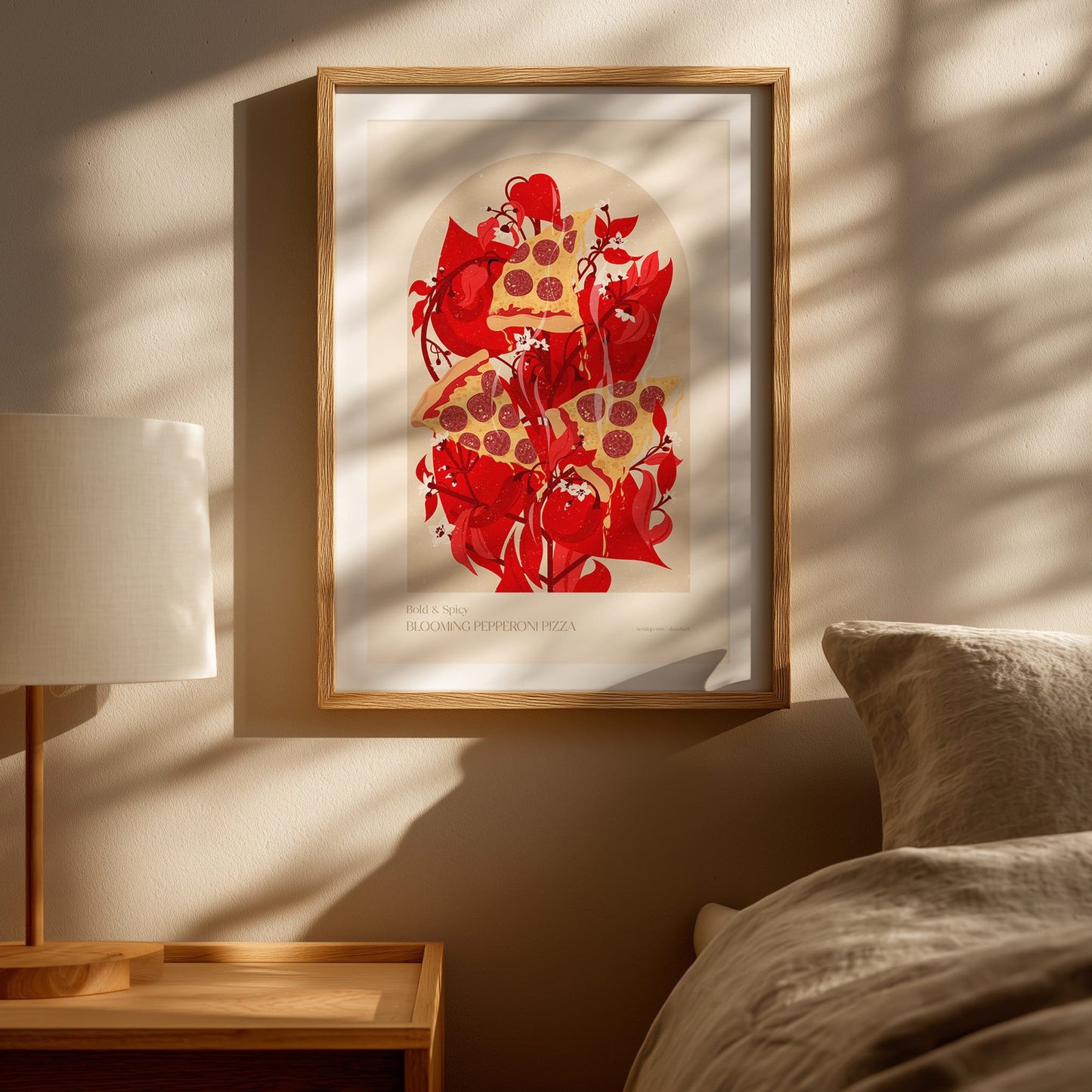 Maximalist blooming pepperoni pizza on chili pepper plant Printable wall poster art