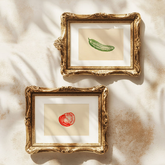 Green red vintage cottagecore tomato cucumber linocut print gallery wall set 2 pieces vegetable slice modern kitchen art original artwork new homeowner gift dining room decor rustic linogravure nature lino godmother christmas nature farmhouse european countryside relief printmaking rustic engraving etching beige retro botanical garden harvest pantry handprint country cottage hanging mini block hand carved unique dopamine eclectic farm summer dorm laundry entryway new housewarming old world