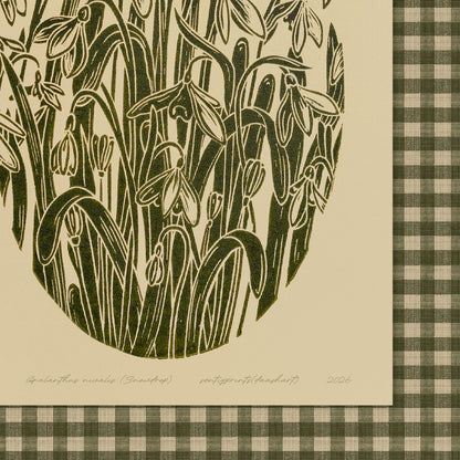 Sage green retro cottagecore gingham snowdrop flowers large linocut prints spring winter foraged printable wall art english cottage checkered decor mom gift ideas digital poster floral lino rustic linogravure farmhouse living room grand millennial botanical monochrome antique illustration plant lover dining chateaucore hostess earth tones downloadable nature bedroom instant download home office housewarming laundry mother grandmother sister self wife women girlfriend Entryway reading nook