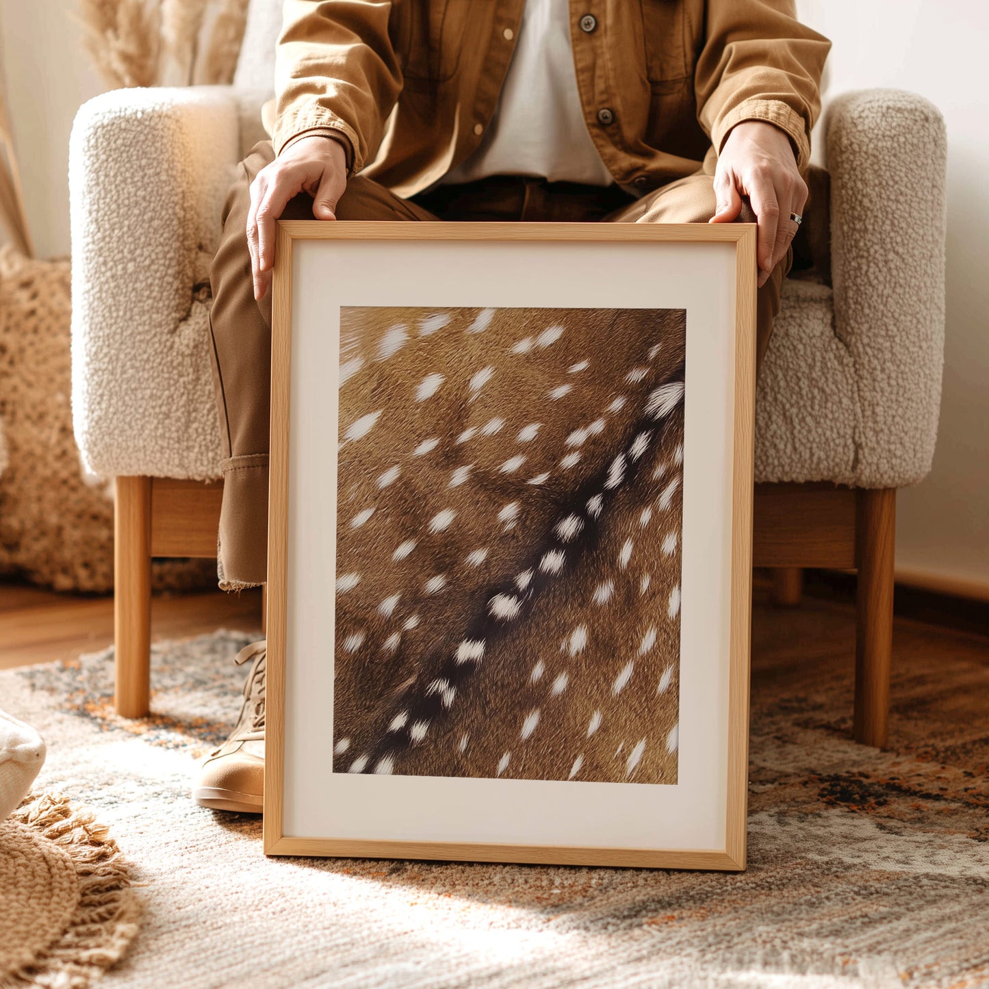 Trendy spotted deer fur animal pattern photography printable wall art fireplace decor