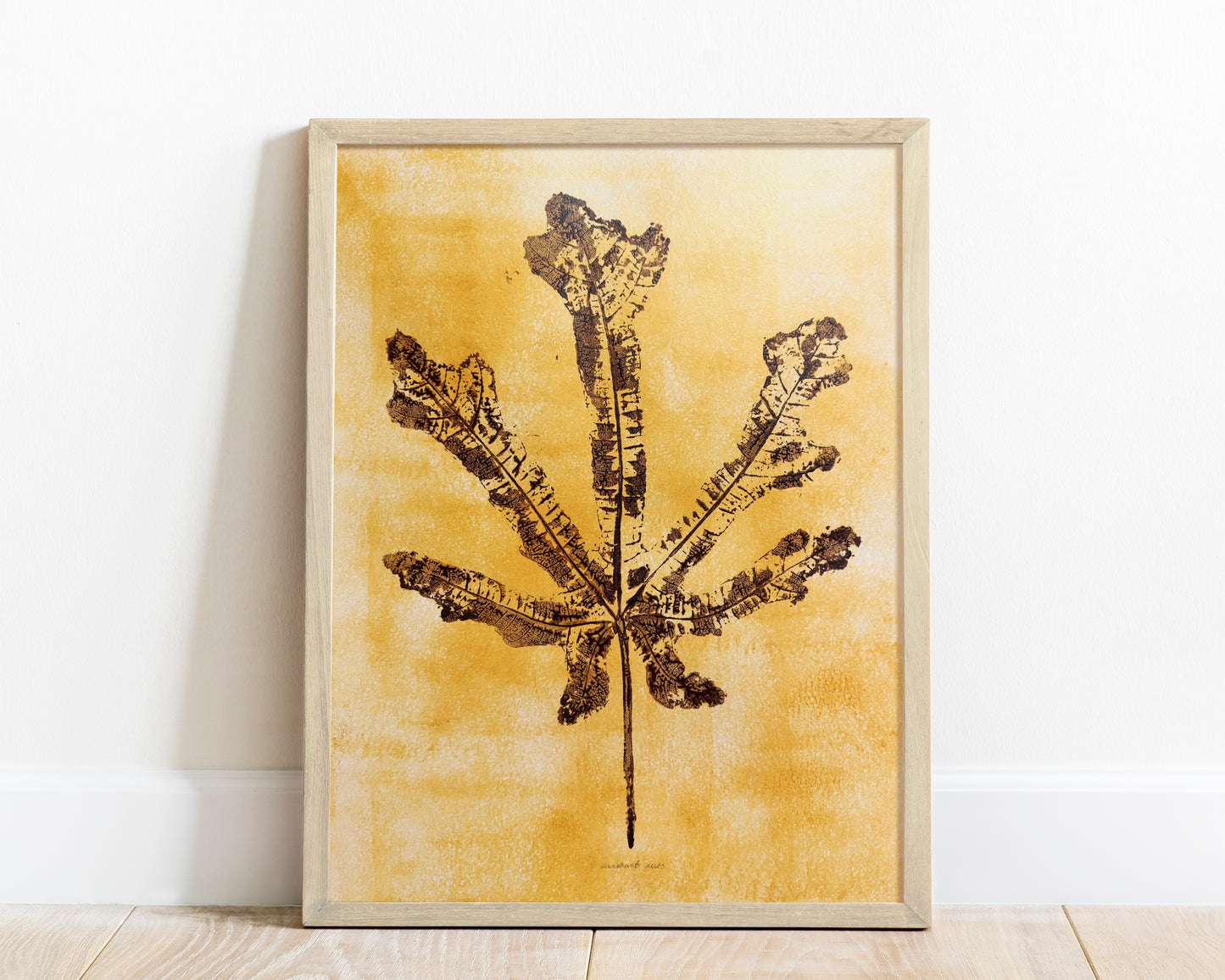 Brown vintage textured fig leaf and Gold paper Monotype print