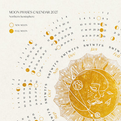 Xmas gift printable calendar gold kiss moon sun desktop wallpaper iPad wallpaper home office decor new year gift christmas present digital download lunar calendar yearly 2027 moon phases large square poster wall art linocut prints retro lino modern kitchen grand millennial mom living antique illustration dining hostess earth tones downloadable bedroom housewarming laundry mother grandmother sister self wife women girlfriend Entryway reading nook engraving etching workspace entryway foyer hallway
