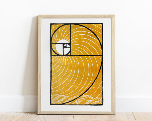 Golden ratio and gold sun and waves Linocut print for New home gift UNFRAMED Housewarming gift New home gift Living room bedroom decor 16x12 Original artwork Classical wall decor