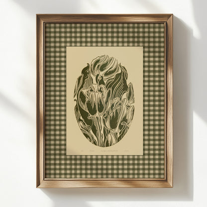 Beige retro cottagecore sage green color gingham tulips flowers large linocut prints floral lino printable wall art master bedroom checkered decor digital poster monochrome farm linogravure godmother gift reading nook rustic grand millennial modern kitchen vintage botanical mom gift living room antique illustration plant lover dining room chateaucore hostess earth tones downloadable instant download home office laundry farmhouse mother grandmother sister self wife women girlfriend Entryway